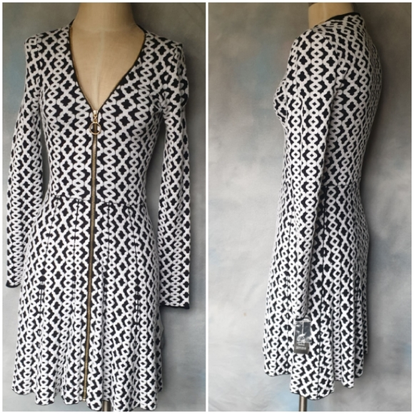 INC Wm Black & White Geometric Sweater Fit & Flare A-Line Dress w/ V-Neck Zip Sm - Picture 15 of 16